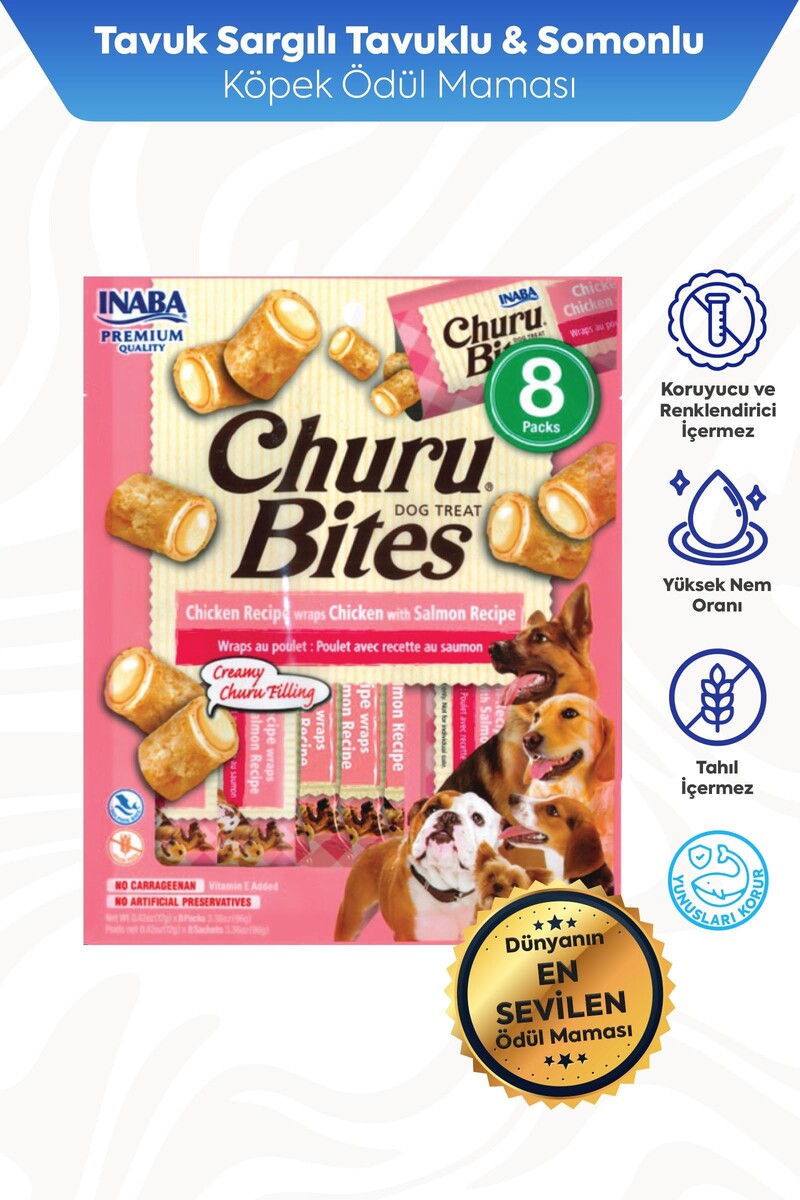  - CHURU BİTES KÖPEKLER İÇİN TAVUKLU VE SOMONLU ÖDÜL MAMASI 8X12GR 6'LI PAKET 