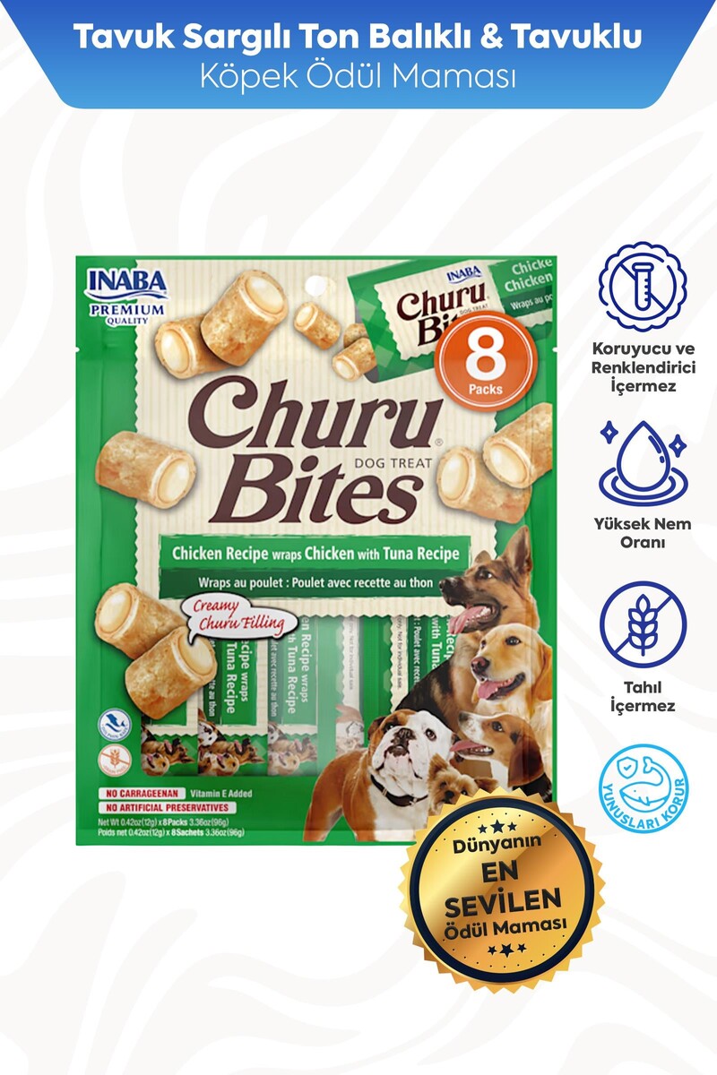  - CHURU BİTES KÖPEKLER İÇİN TAVUKLU VE TON BALIKLI ÖDÜL MAMASI 8X12GR 6'LI PAKET