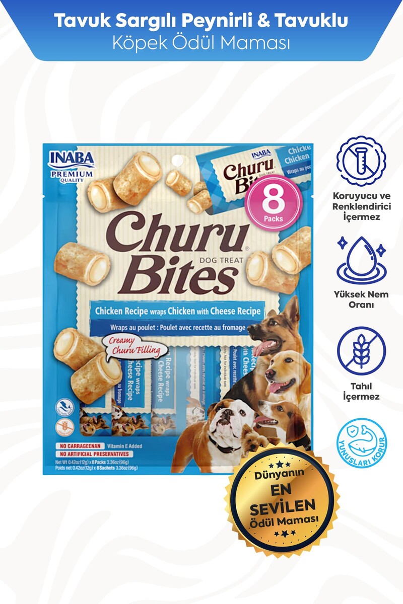  - CHURU BİTES KÖPEKLER İÇİN TAVUKLU,PEYNİRLİ ÖDÜL MAMASI 8X12GR 6'LI PAKET
