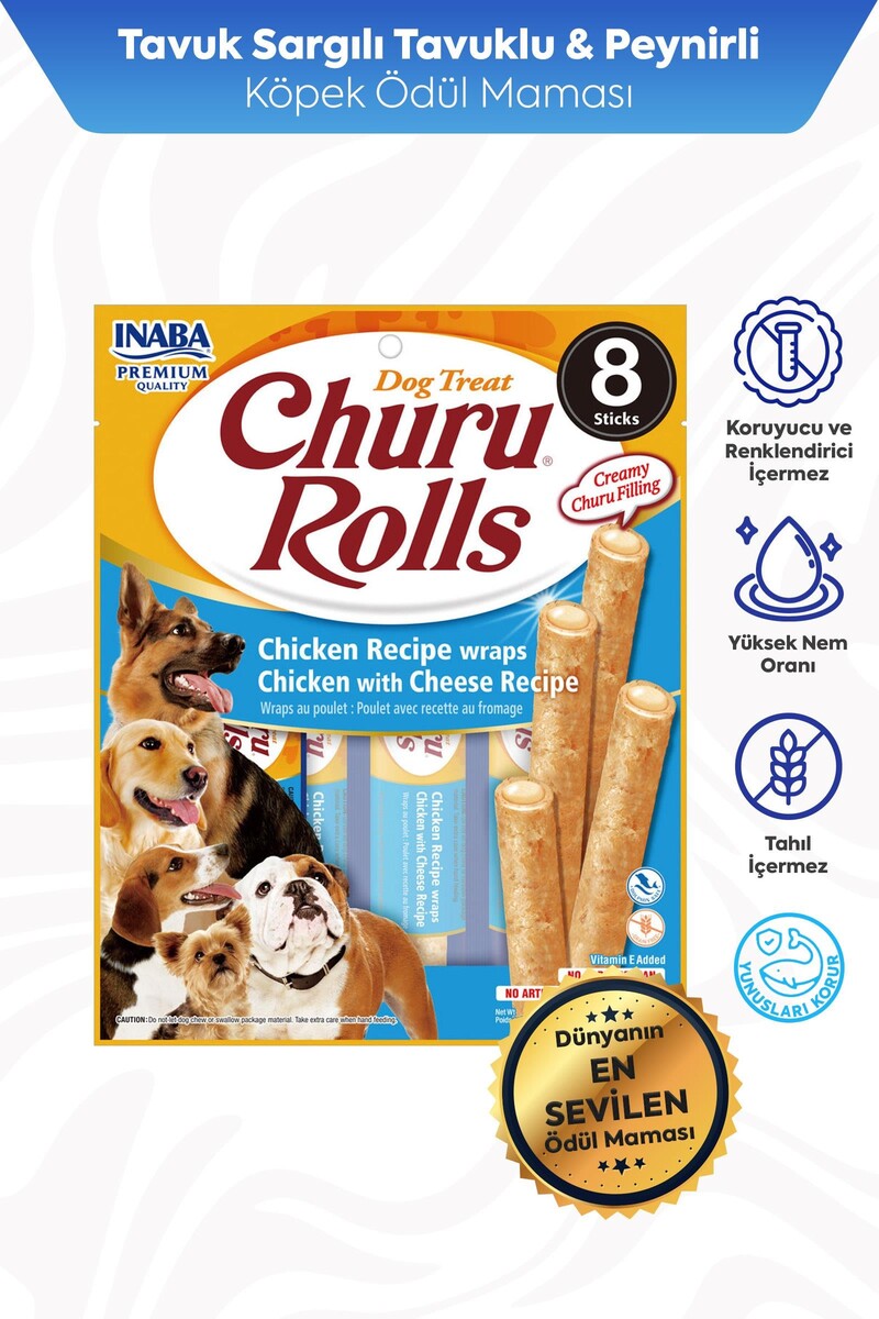  - CHURU ROLLS STİCKS TAVUK SARGILI&PEYNİRLİ KÖPEK ÖDÜL MAMASI 8X12GR 6'LI PAKET