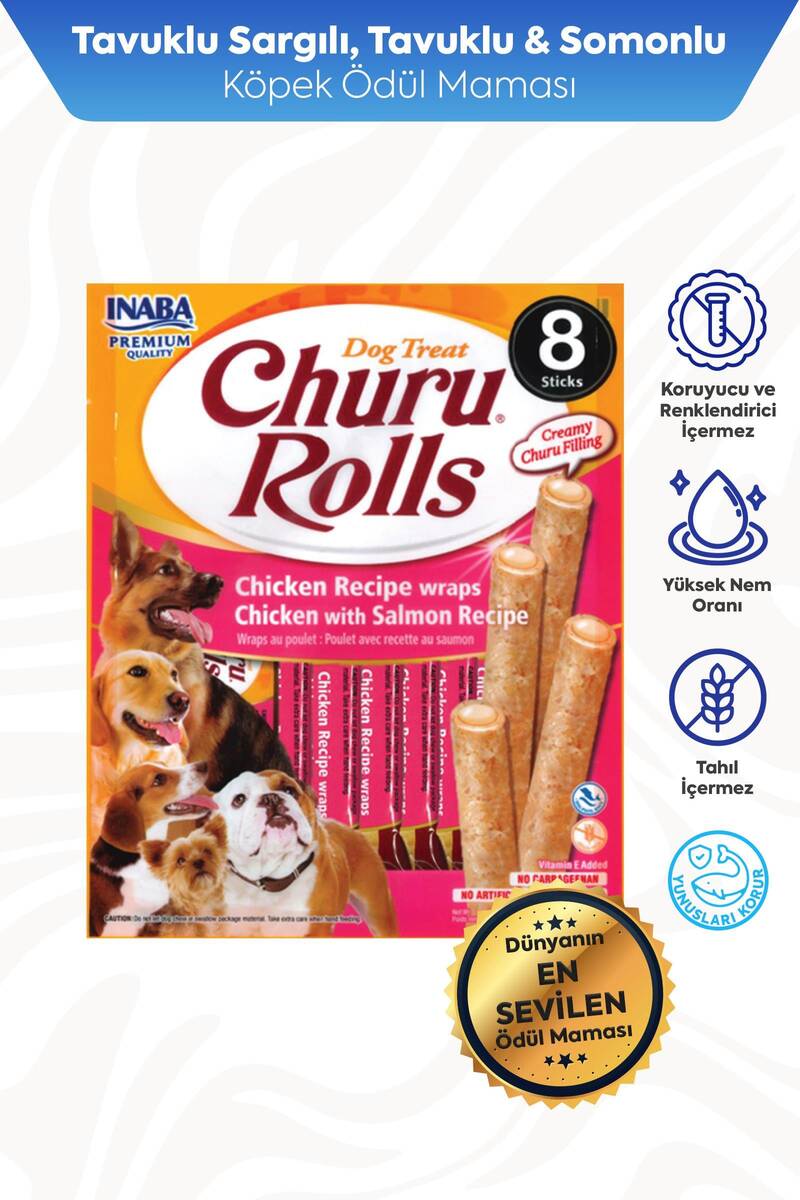 CHURU ROLLS STİCKS TAVUK SARGILI&SOMONLU KÖPEK ÖDÜL MAMASI 8X12GR 6'LI PAKET