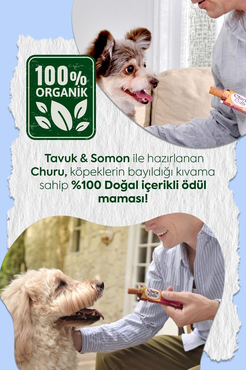 CHURU ROLLS STİCKS TAVUK SARGILI&SOMONLU KÖPEK ÖDÜL MAMASI 8X12GR 6'LI PAKET - Thumbnail