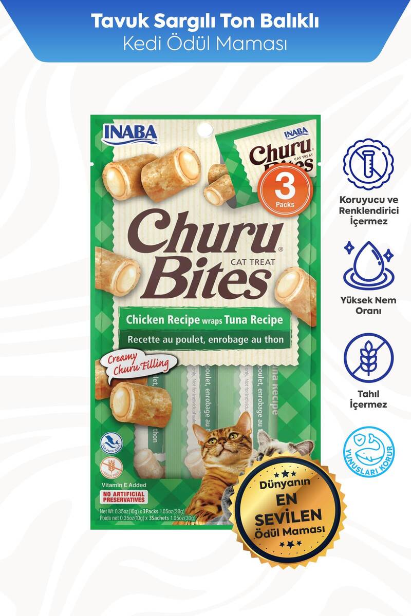 CİAO CHURU BİTES TAVUK SARGILI VE TON BALIKLI KEDİ ÖDÜL 30GR 12'Lİ