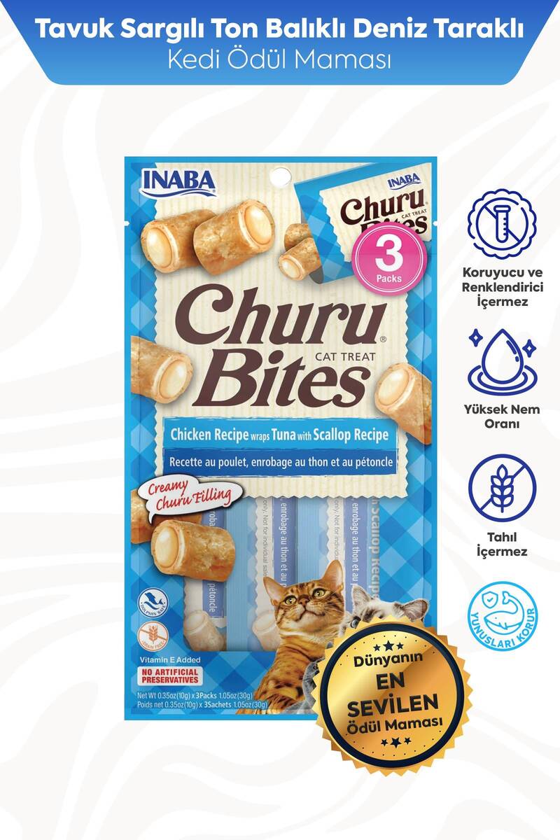 CİAO CHURU BİTES TAVUK SARGILI,DENİZ TAR.VE TON BAL.KEDİ ÖDÜL30GR 12'Lİ