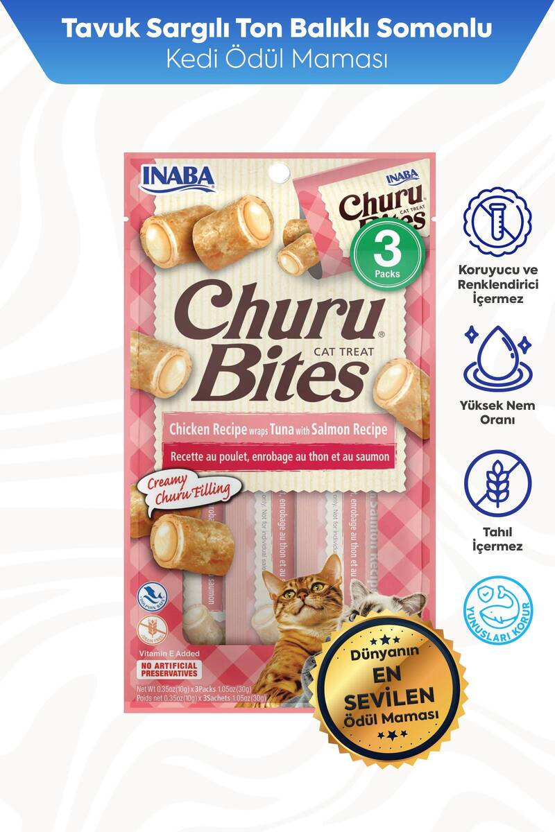 CİAO CHURU BİTES TAVUK SARGILI,TON BAL.VE SOMONLU KEDİ ÖDÜL 30GR 12'Lİ