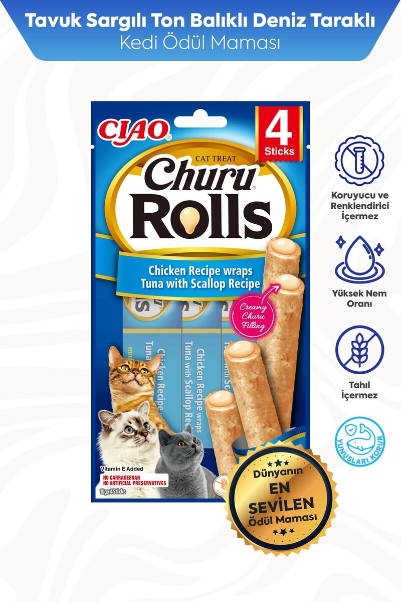  - CİAO CHURU ROLLS STİCKS DENİZ TARAKLI,TAVUK SARGILI VE TON BAL.KEDİ ÖDÜL 4X10GR 12'Lİ