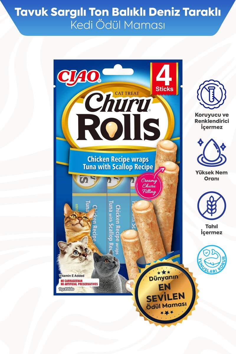 CİAO CHURU ROLLS STİCKS DENİZ TARAKLI,TAVUK SARGILI VE TON BAL.KEDİ ÖDÜL 4X10GR 12'Lİ