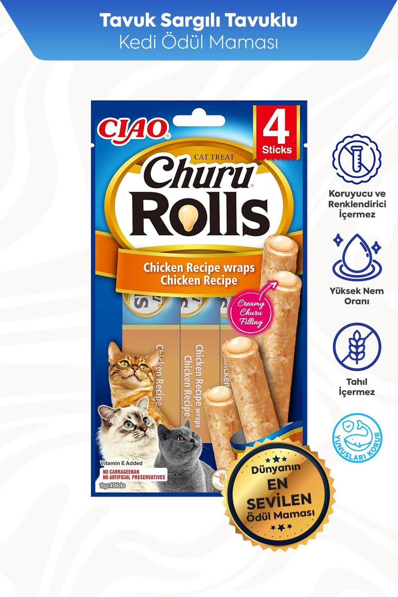  - CİAO CHURU ROLLS STİCKS TAVUK SARGILI KEDİ ÖDÜL 4X10GR 12'Lİ