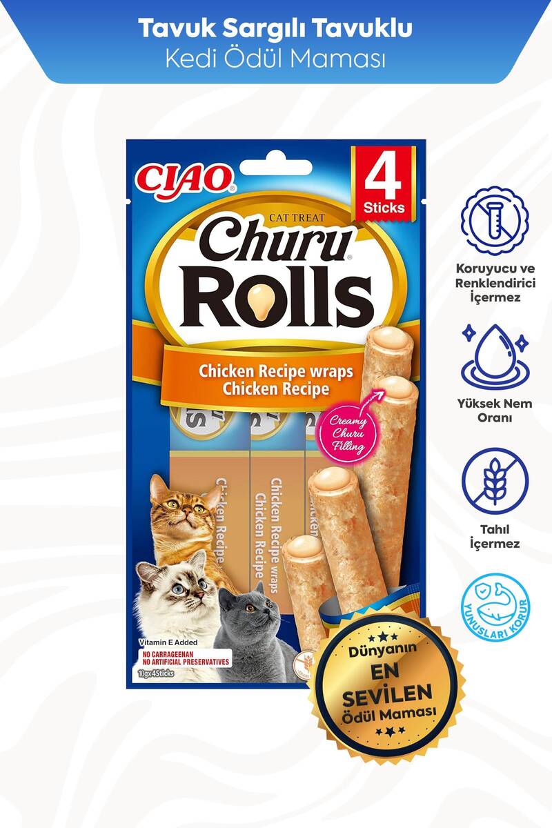 CİAO CHURU ROLLS STİCKS TAVUK SARGILI KEDİ ÖDÜL 4X10GR 12'Lİ