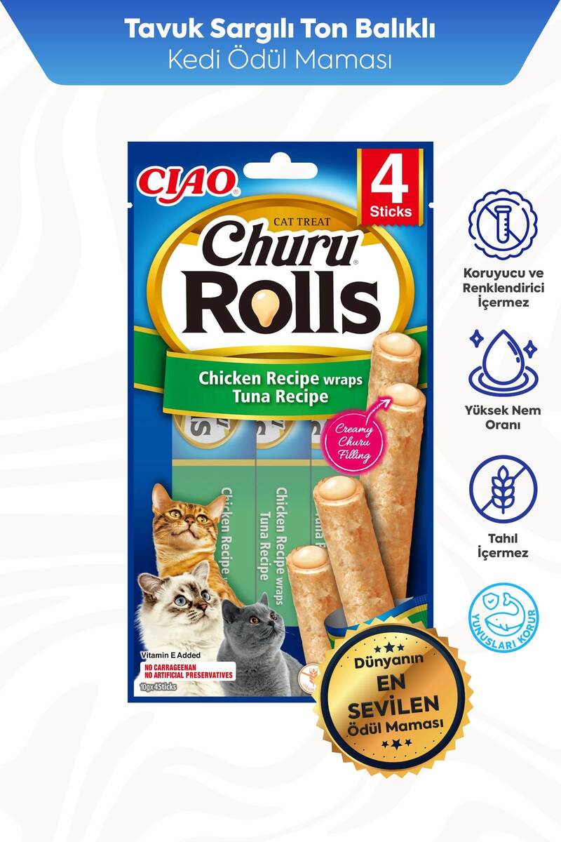 CİAO CHURU ROLLS STİCKS TAVUK SARGILI VE TON BALIKLI KEDİ ÖDÜL 40GR 12'Lİ