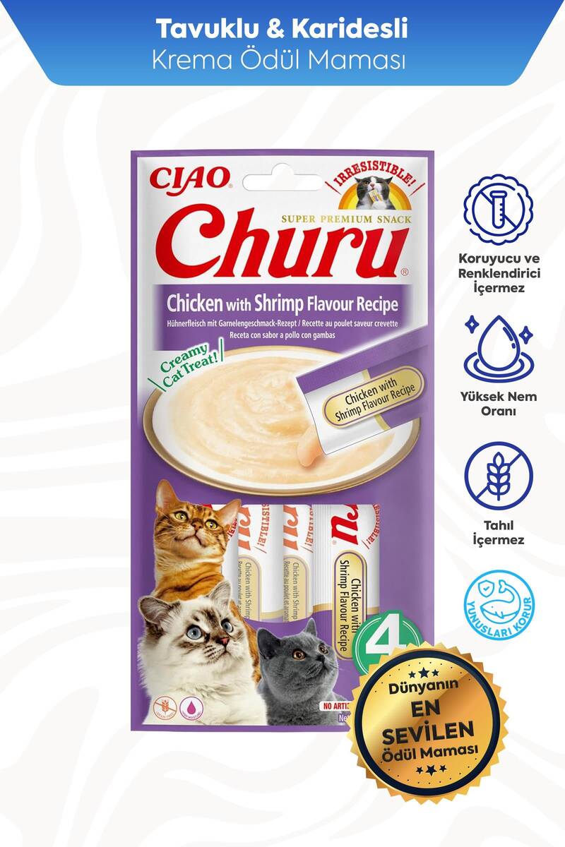 CİAO CHURU TAVUK VE KARİDESLİ KEDİ KREMASI 4X 14GR
