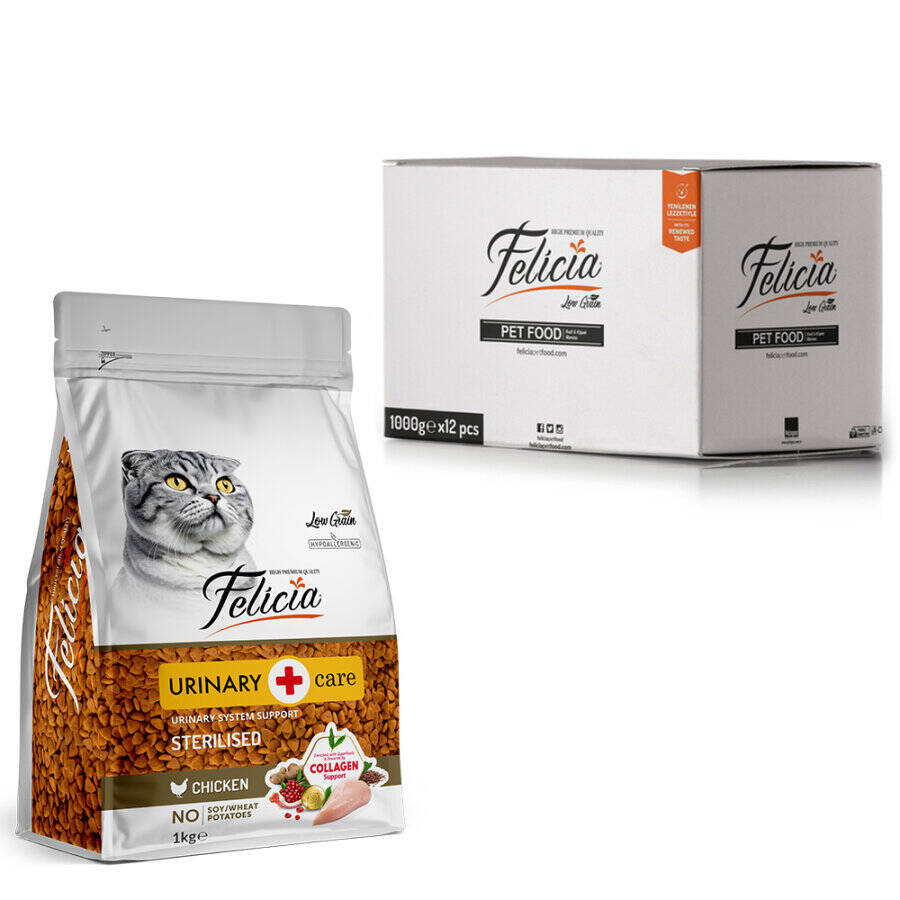 FELİCİA 12X1 KG KOLAJENLİ TAVUKLU AZ TAHILLI KISIRLAŞTIRILMIŞ KEDİ MAMASI