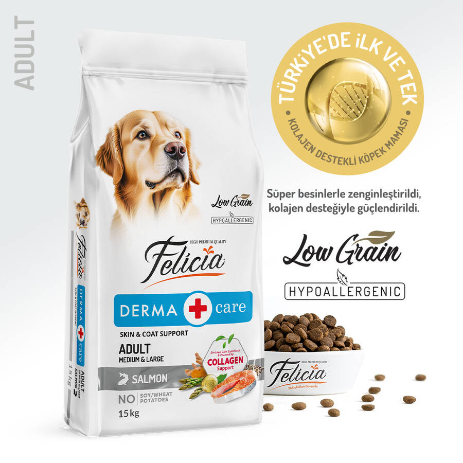 FELİCİA 15 KG KOLAJENLİ SOMONLU AZ TAHILLI M/LARGE YETİŞKİN KÖPEK MAMASI