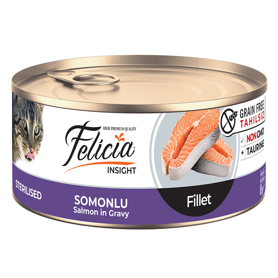 FELICIA - FELİCİA TAHILSIZ 85 GR KONSERVE STERİLİSED SOMONLU FİLETO YAŞ KEDİ MAMASI 24 ADET