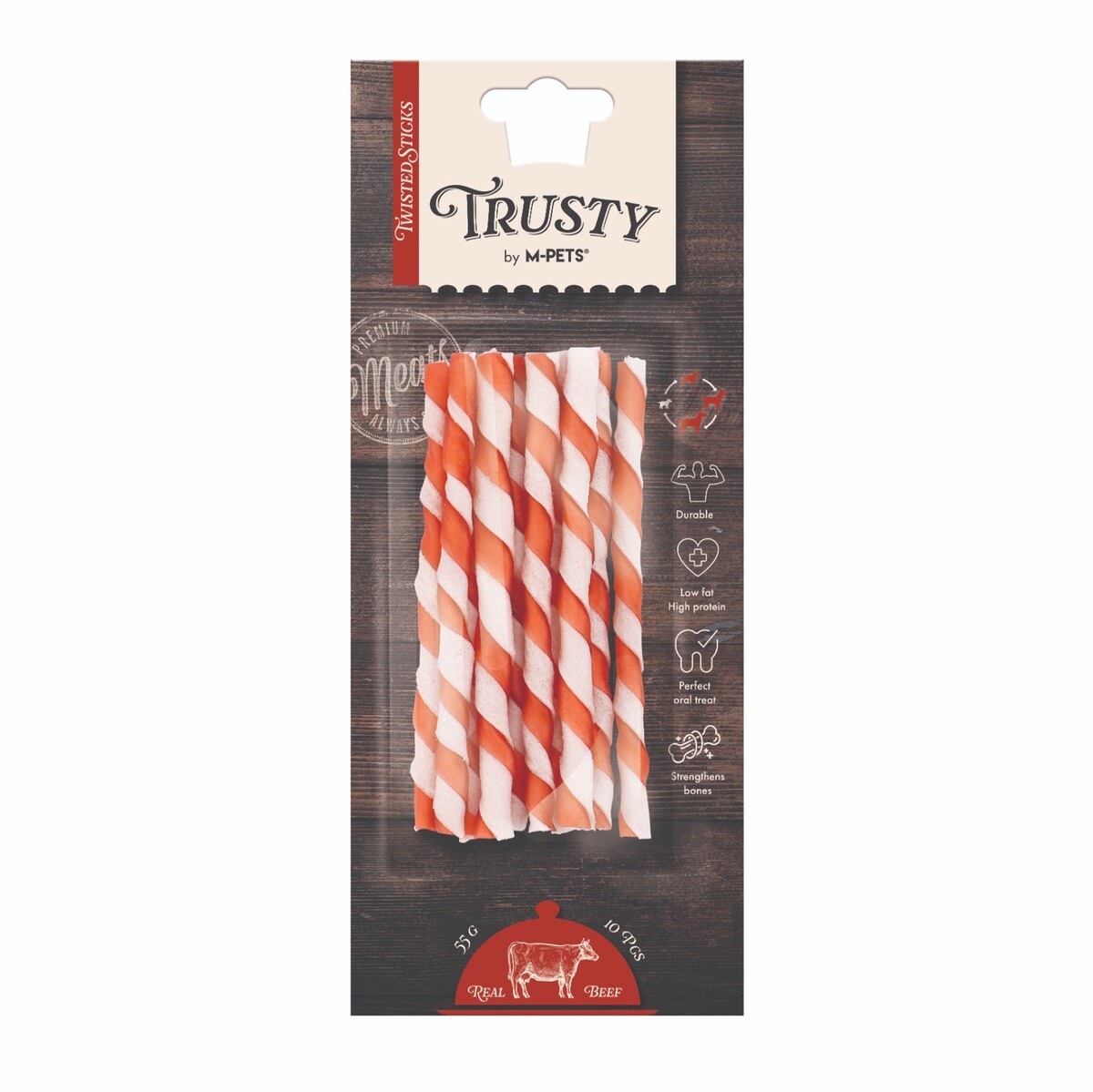 - M-PETS TRUSTY BEEF TWISTED STICKS 10LU 55GR/12,7CM  - M-PETS TRUSTY BEEF TWISTED STICKS 10LU 55GR/12,7CM