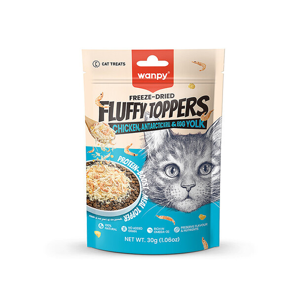 WANPY - WANPY DONDURULARAK KURUTULMUŞ FLUFFY TOPPERS- TAVUK, KARİDES VE YUMURTA SARISI - 30G