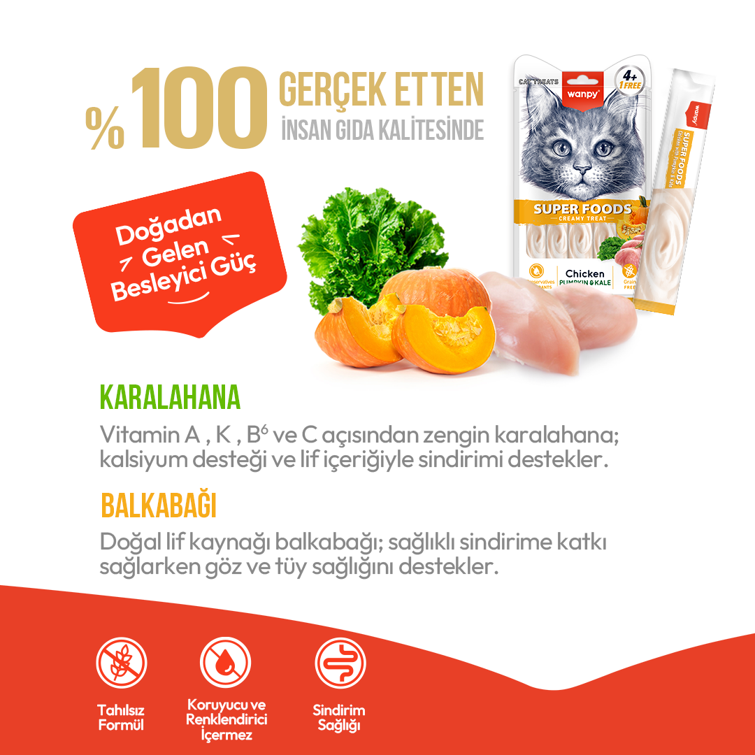 WANPY SUPERFOOD BALKABAĞI&KARA LAHANALI 12'Lİ KREMA KEDİ ÖDÜL 5X14 GR