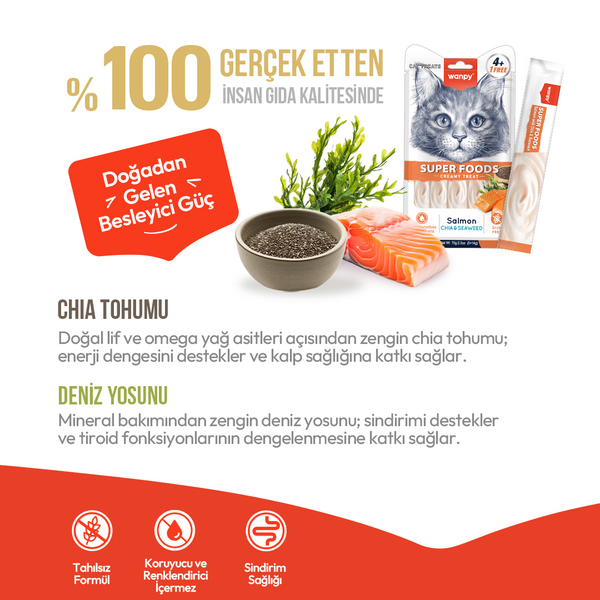 WANPY SUPERFOOD SOMONLU CHİA&DENİZ YOSUNLU 12'Lİ KREMA KEDİ İÖDÜLÜ 5X14 GR - Thumbnail