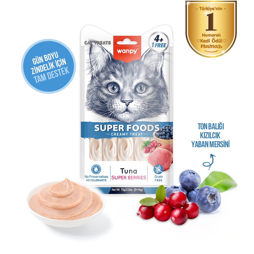 WANPY SUPERFOOD TON BALIKLI,YABAN MERSİNİ&KIZILCIKLI 12'Lİ KREMA KEDİ ÖDÜLÜ 5X14 GR