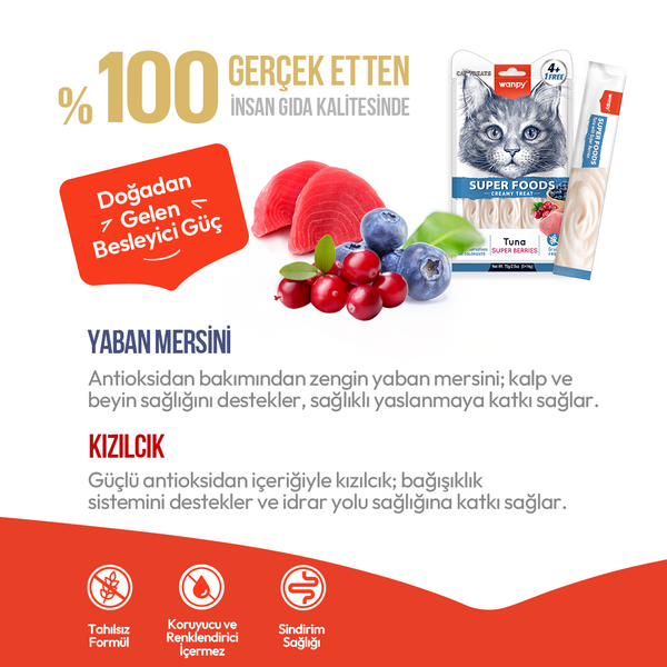 WANPY SUPERFOOD TON BALIKLI,YABAN MERSİNİ&KIZILCIKLI 12'Lİ KREMA KEDİ ÖDÜLÜ 5X14 GR - Thumbnail