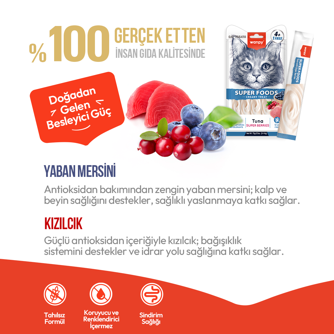 WANPY SUPERFOOD TON BALIKLI,YABAN MERSİNİ&KIZILCIKLI 12'Lİ KREMA KEDİ ÖDÜLÜ 5X14 GR