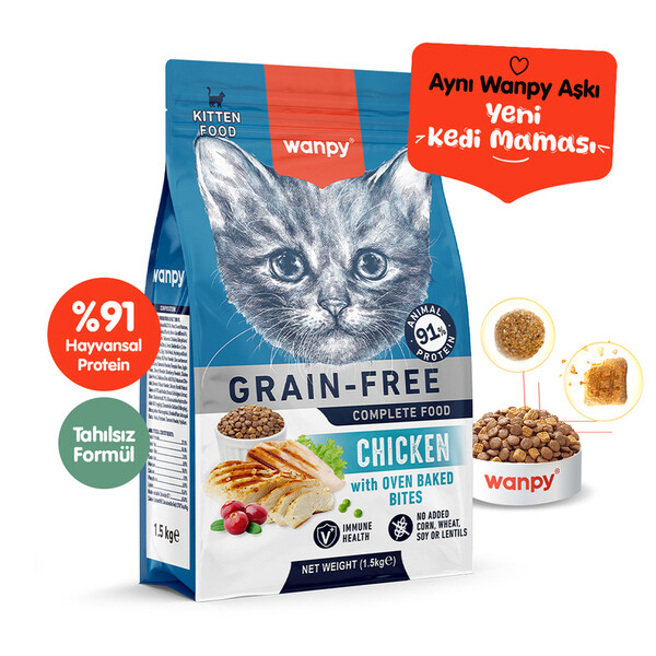WANPY - WANPY TAHILSIZ TAVUKLU YAVRU KEDİ MAMASI 1,5 KG