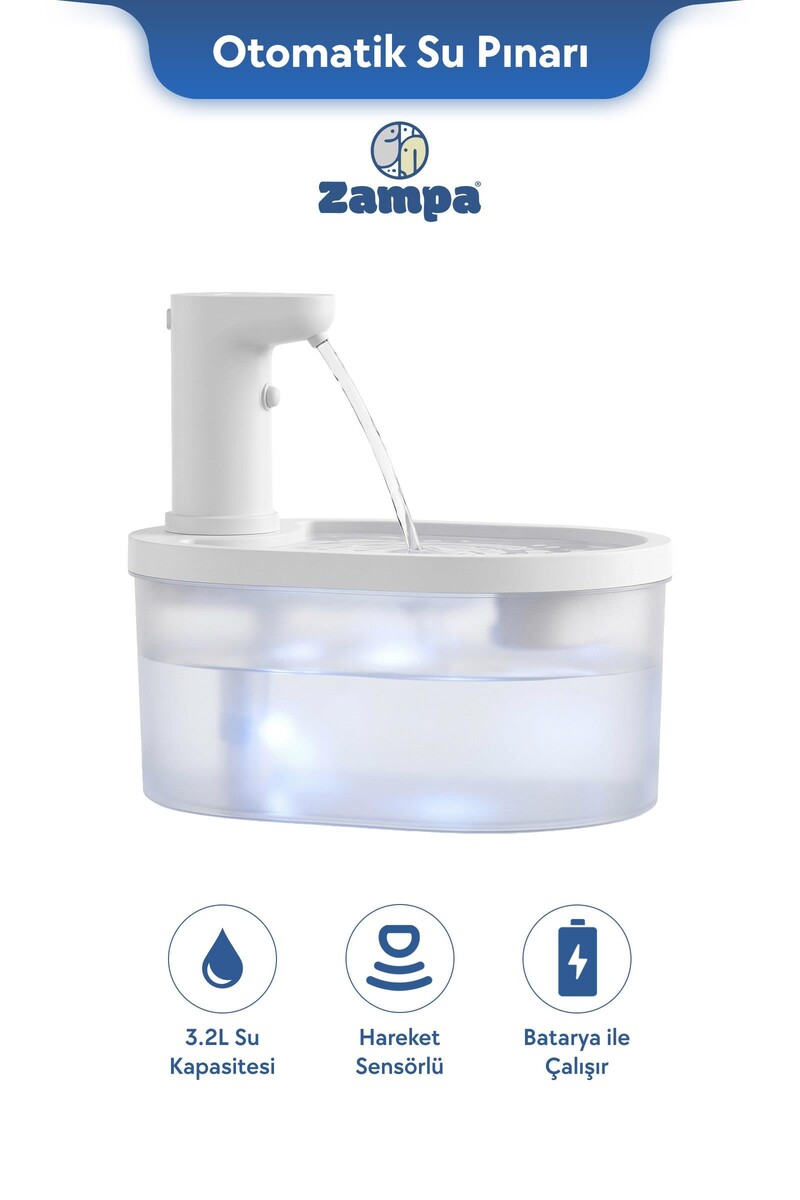  - ZAMPA OVAL PET OTOMATİK SU PINARI BATARYALI BEYAZ