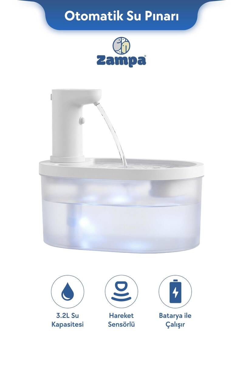 ZAMPA OVAL PET OTOMATİK SU PINARI BATARYALI BEYAZ